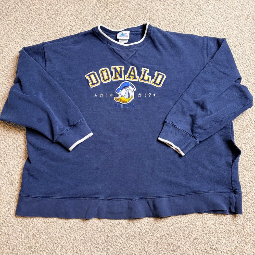 Disneyland Donald Duck Sweatshirt Navy Blue Mens XXL Vintage FLAWED READ